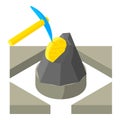 Cryptocurrency mining icon isometric vector. Pickaxe mines coin in mountain icon