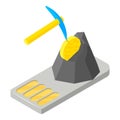 Cryptocurrency mining icon isometric vector. Pickaxe mines coin in mountain icon