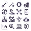 Cryptocurrency mining icons. Vector illustrations.