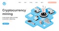 Cryptocurrency mining isometric concept. Man earns bitcoins, digital money mining farm, online crypto business, line flat isometry