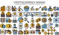 Cryptocurrency mining lineal multi color icon set