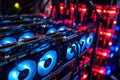 Cryptocurrency mining rigs with powerful GPUs. Colorful illuminated video cards.