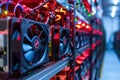 Cryptocurrency mining rigs with powerful GPUs. Colorful illuminated video cards.