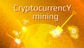 Cryptocurrency mining text, planet earth with shovels and bitcoin coins on a gold background.