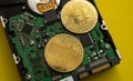 Cryptocurrency mining theme. Close-up shot of gold bitcoin coins on the hard disk of a computer hardware. Investment in Royalty Free Stock Photo