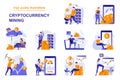 Cryptocurrency mining web concept with people scenes set in flat style. Bundle of extracting bitcoins and other crypto coins,