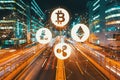 Cryptocurrency with motion blurred traffic