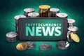 Cryptocurrency news text on smartphone screen surrounded by piles of different crypto coins. Title screen for recent cruptocurrenc Royalty Free Stock Photo