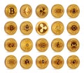 Cryptocurrency physical coins set. 3D Golden Crypto currency coins isolated on white background. Bitcoin. Ripple. Ethereum. Dash.