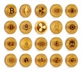 Cryptocurrency physical coins set. 3D Golden Crypto currency coins isolated on white background. Bitcoin. Ripple. Ethereum. Dash.