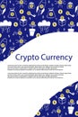 Cryptocurrency poster. Bitcoin banner. Line financial objects, outline crypto coins, blockchain technology. Mining, exchange and