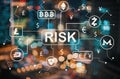 Cryptocurrency risk theme with blurred city lights