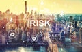 Cryptocurrency risk themewith aerial view of Manhattan, NY