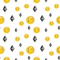 Cryptocurrency seamless pattern. Bitcoin background. Seamless background with signs of Bitcoin and Ethereum.