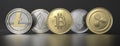 Cryptocurrency set of coins on black background. 3d illustration