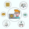 Cryptocurrency set of cryptocoins, crypto wallet and young businessman with computer and bitcoin mining farm. Modern