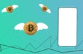 Cryptocurrency. Smartphone with a mock up and flying bitcoin. Green background with chart. Copy space. Concept of