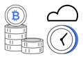 Cryptocurrency Stacks, Clock, and Cloud Representing Blockchain, Finance, and Technological Efficiency Royalty Free Stock Photo