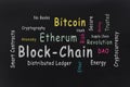 Cryptocurrency technology. BLOCKCHAIN word cloud against the blackboard Royalty Free Stock Photo
