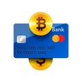 Cryptocurrency technology icon, bitcoin exchange, bitcoin mining, mobile banking. Bitcoin, credit card, dollar, vector