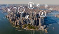 Cryptocurrency theme with aerial view of Manhattan