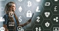 Cryptocurrency theme with young man using tablet Royalty Free Stock Photo