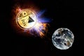 Cryptocurrency TON from telegram. Gold coin of TON falls to the ground from space and attack earth.