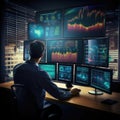 Cryptocurrency trader sitting at computers