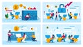 Office Work and Bitcoin Mining Vector Concepts Set
