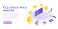 Cryptocurrency transfer isometric vector concept illustration. D