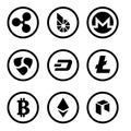 Cryptocurrency or virtual currencies black icon set isolated Royalty Free Stock Photo