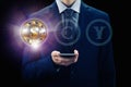 Cryptocurrency virtual screen. Business, Finance and technology concept. Bit coin, Ethereum block chain. Businessman with phone fo Royalty Free Stock Photo