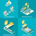 Cryptocurrency wallet vector isometric icon set