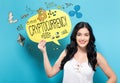 Cryptocurrency with woman holding a speech bubble
