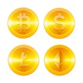 Cryptocurrencys icons set, Bitcoin, Ethereum, Litecoin and dollar, golden coins with cryptocurrency symbol, isolated on Royalty Free Stock Photo