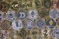 Cryptocurrencys new digital money, Bitcoin, litecoin, etherium coins close up