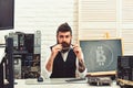 Cryptographer. Bearded man bitcoiner. Bitcoin miner man in server room. Bearded businessman with computer circuits for Royalty Free Stock Photo