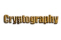 Cryptography. The inscription has a texture of the photography, which depicts several bitcoins