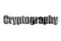 Cryptography. The inscription has a texture of the photography, which depicts several silver bitcoins