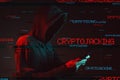 Cryptojacking concept with faceless hooded male person