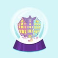 Crystal ball, Christmas houses with Christmas tree, falling snow, holiday decorations, flat vector illustration Royalty Free Stock Photo