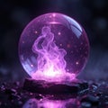 Crystal ball glows with purple light. Magic sphere shows smoke inside. Glass globe sits on a stone surface. Illustration features Royalty Free Stock Photo