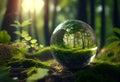 Crystal ball in green forest with ferns. 3D rendering generative ai Royalty Free Stock Photo