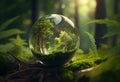 Crystal ball in green forest with ferns. 3D rendering generative ai Royalty Free Stock Photo