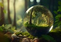Crystal ball in green forest with ferns. 3D rendering generative ai Royalty Free Stock Photo