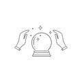Crystal Ball Magic Line Icon With Hands. Vector Logo Template
