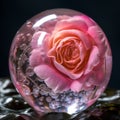 Crystal ball with pink rose on black background. Selective focus. Royalty Free Stock Photo