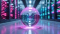 Crystal ball reflects server room racks with glowing neon lights. Digital data streams and tech infrastructure are visible inside Royalty Free Stock Photo
