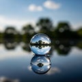 A crystal ball rests on a reflective surface, creating a mirrored effect. The ball Royalty Free Stock Photo