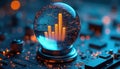 Crystal ball shows digital graph with data charts inside. Futuristic globe with glowing circuits and bars sits on computer Royalty Free Stock Photo